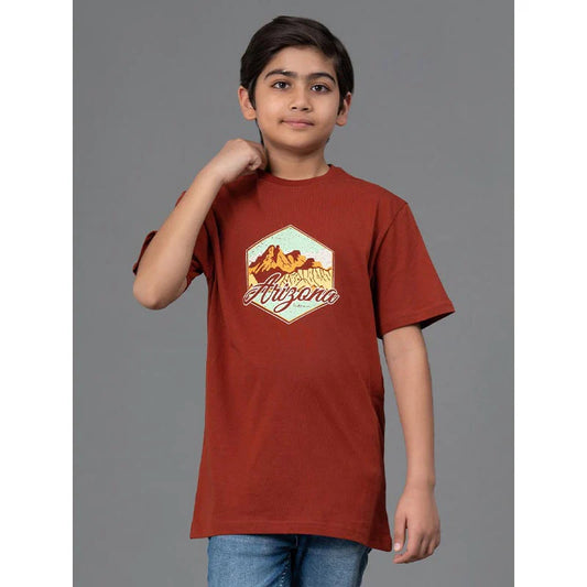 RedTape Kids Unisex T-Shirt- Best in Comfort and ease| Cotton| Rust Colour| Round Neck| Casual look with chest print.