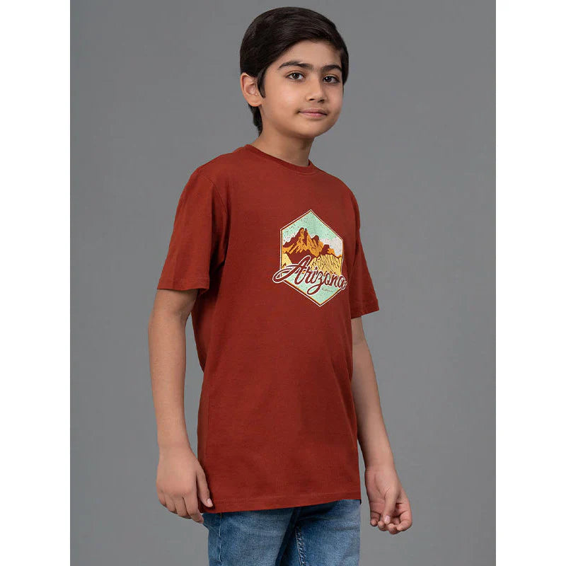 RedTape Kids Unisex T-Shirt- Best in Comfort and ease| Cotton| Rust Colour| Round Neck| Casual look with chest print.