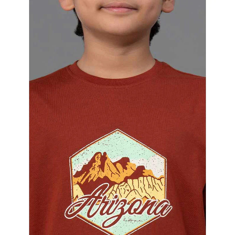 RedTape Kids Unisex T-Shirt- Best in Comfort and ease| Cotton| Rust Colour| Round Neck| Casual look with chest print.