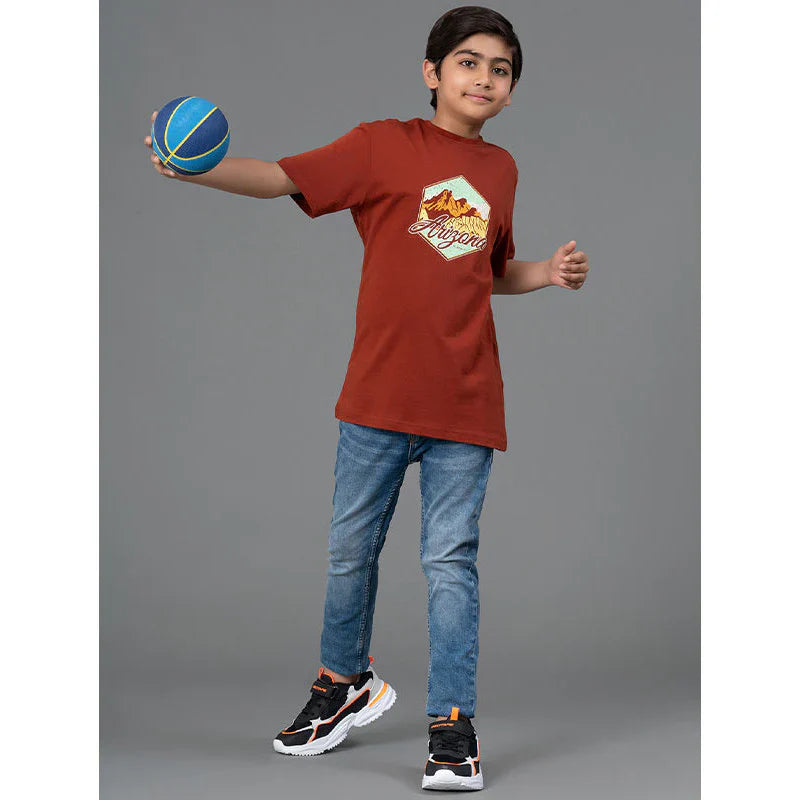 RedTape Kids Unisex T-Shirt- Best in Comfort and ease| Cotton| Rust Colour| Round Neck| Casual look with chest print.