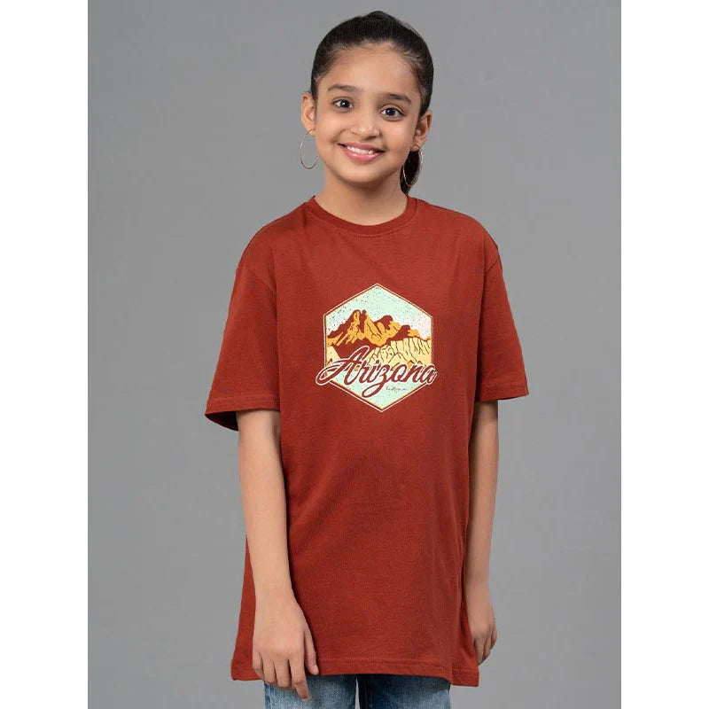 RedTape Kids Unisex T-Shirt- Best in Comfort and ease| Cotton| Rust Colour| Round Neck| Casual look with chest print.