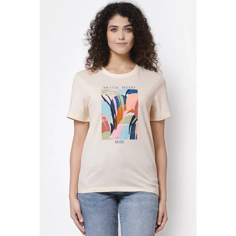 Mode By RedTape Women Ivory Round Neck T-Shirt